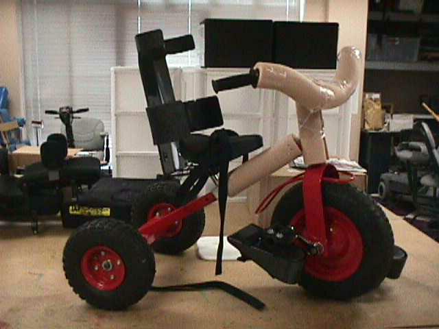 Child's tricycle that has been modified with a back support and foot straps